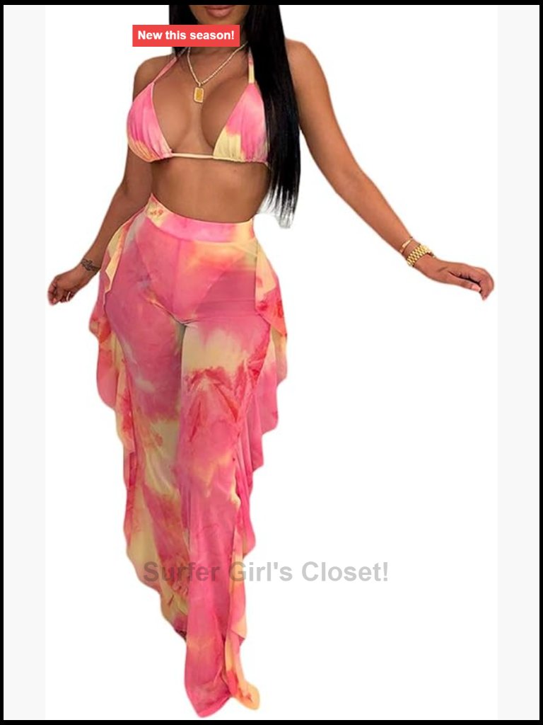Sexy Sheer Mesh Halter Bikini Top & Ruffle Long Pants 2 Piece Swimsuit Set